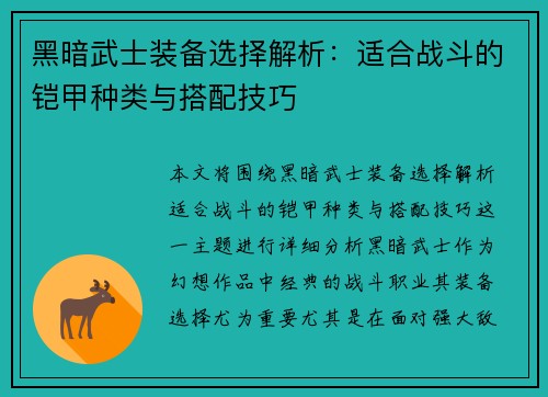 黑暗武士装备选择解析：适合战斗的铠甲种类与搭配技巧